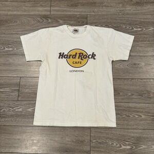 Hard Rock Cafe London T Shirt Medium Cream Logo Graphic Tee 100% Cotton Y2K